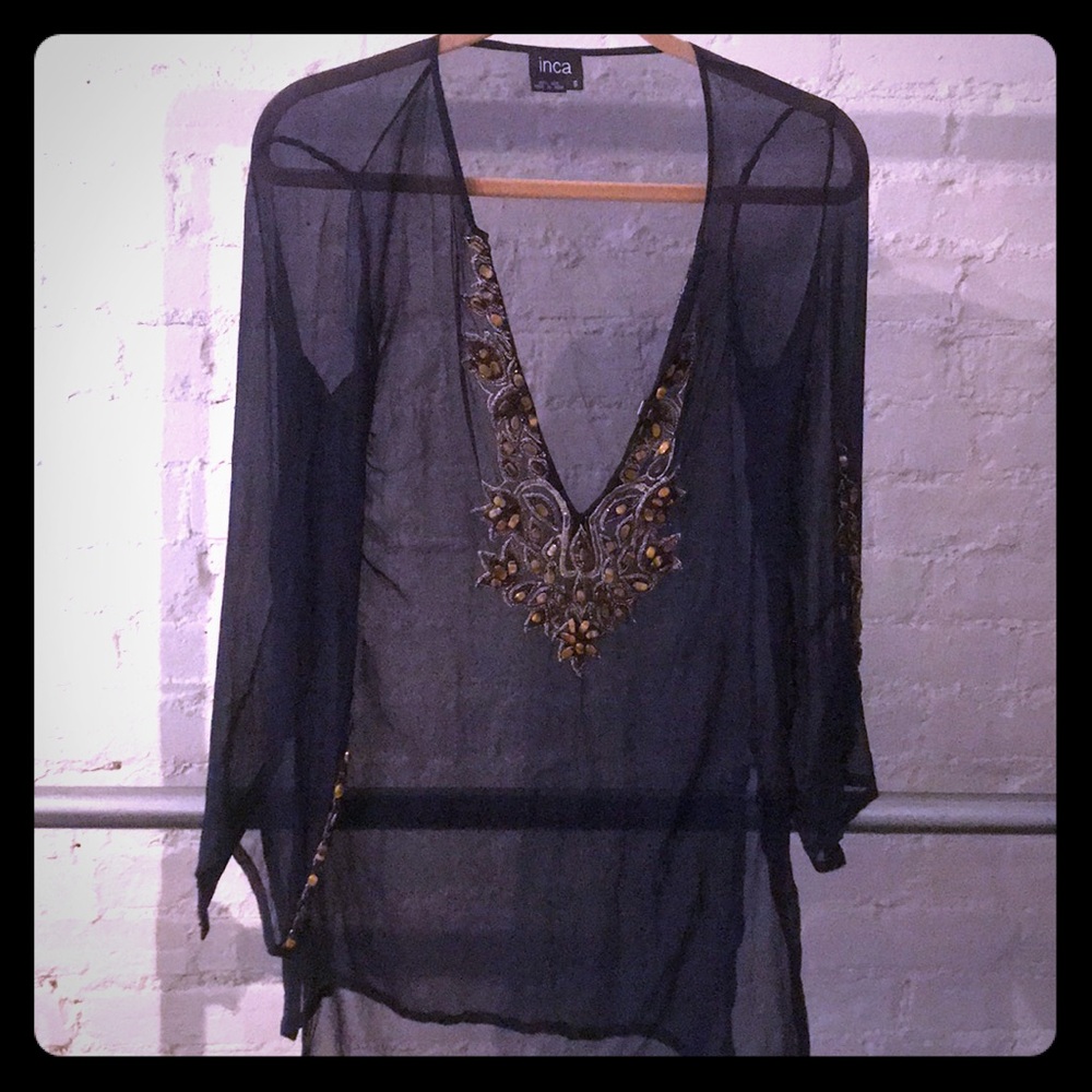 Sheer Navy Blue Beaded Caftan